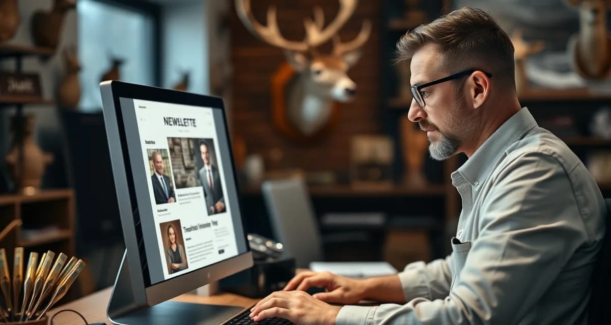 Newsletter management for taxidermy businesses Taxidermy shop owner creating customer newsletter with hunting season content and pricing updates for engaged hunters