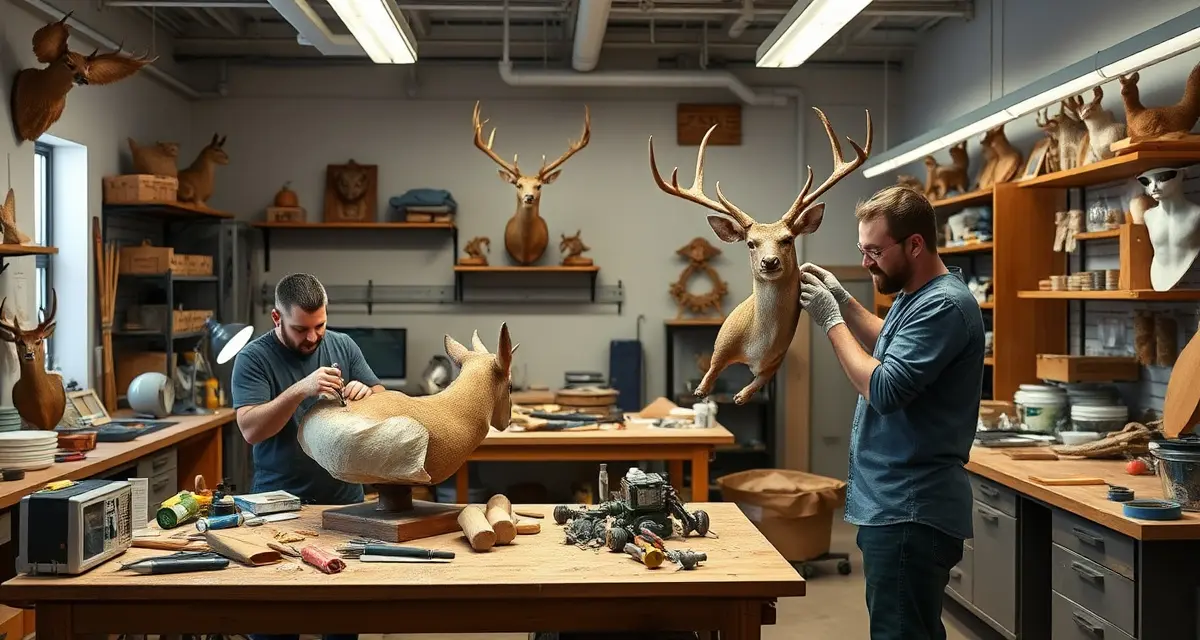 Offseason taxidermy shop operations and business management Two taxidermy professionals managing offseason workflow and deer mount projects using shop management software