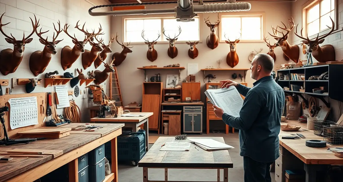 Structured off-season planning for taxidermy businesses Taxidermy shop manager organizing off-season workflow with calendar and planning documents on organized workbench