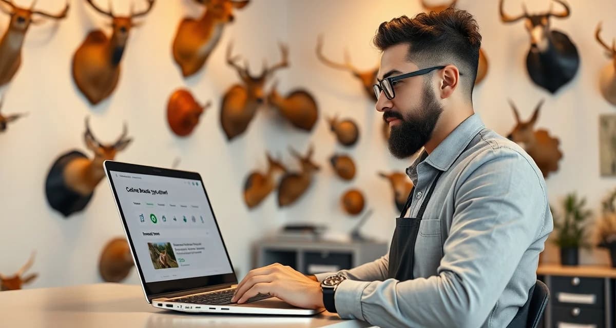 Digital booking management for taxidermy businesses Taxidermy shop manager reviewing online booking requests on computer with mounted animals in background
