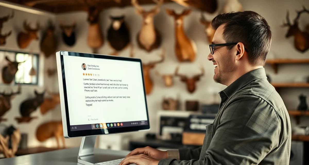 Online reputation management for taxidermy businesses Taxidermy shop owner managing positive customer reviews through digital reputation management portal on computer screen