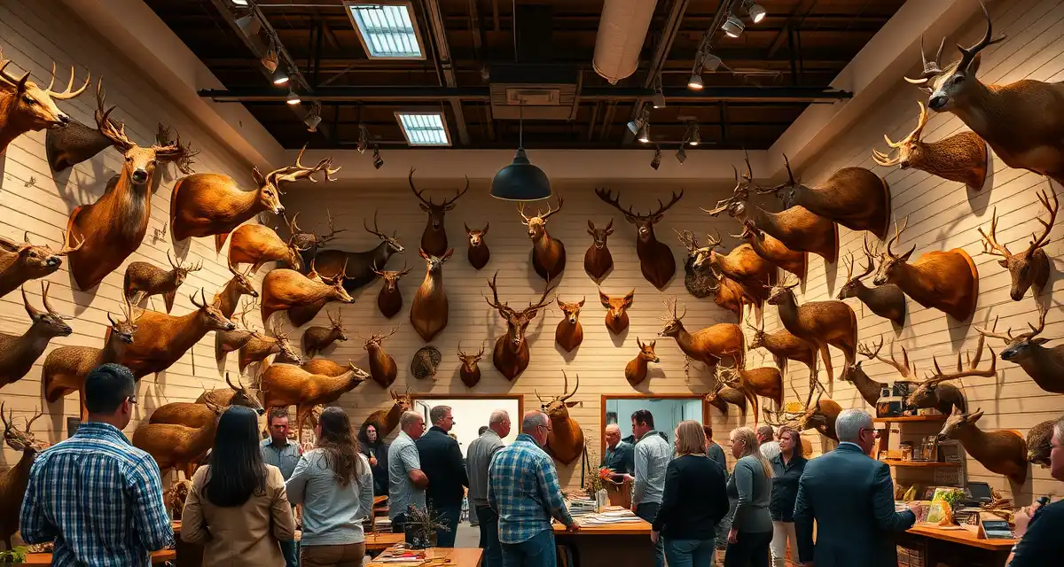 Hosting a successful taxidermy shop open house Professional taxidermy shop open house with mounted displays and visitors exploring taxidermy work during a customer acquisition event.