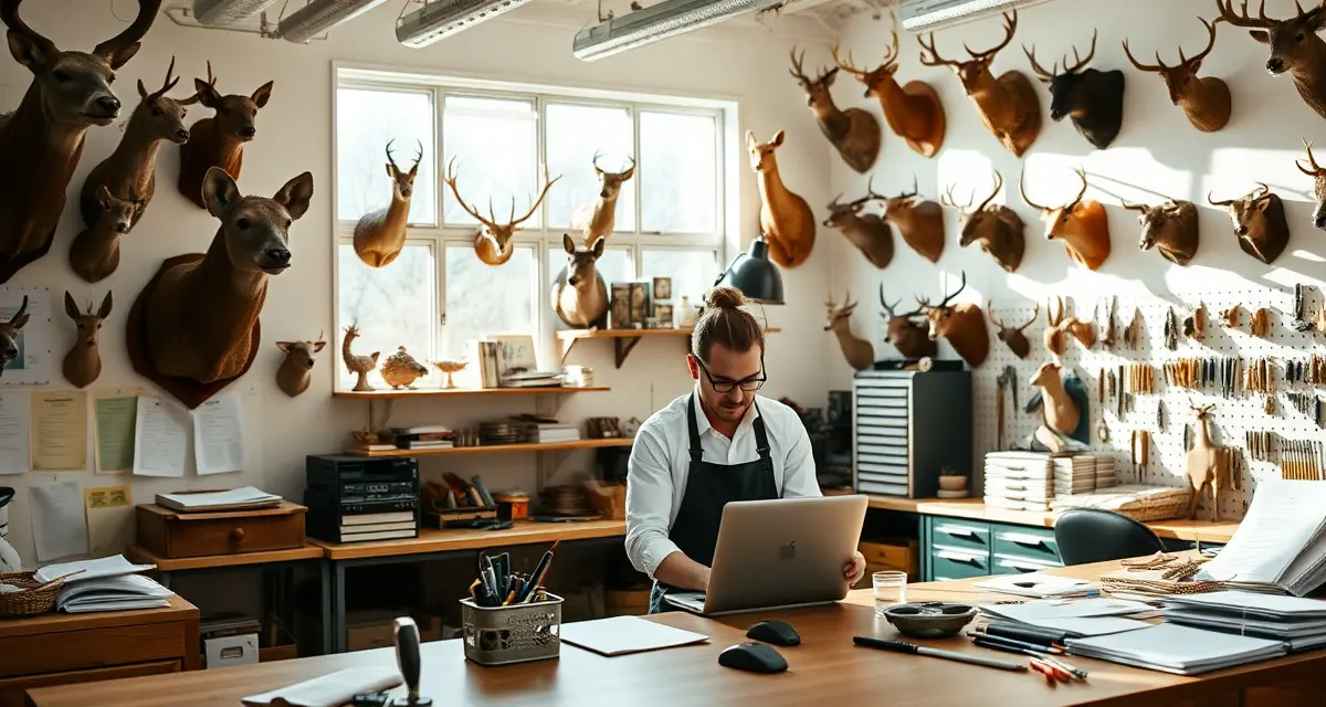 Professional taxidermy studio workspace Organized taxidermy shop workbench with mounted specimens and business setup materials for opening a successful shop