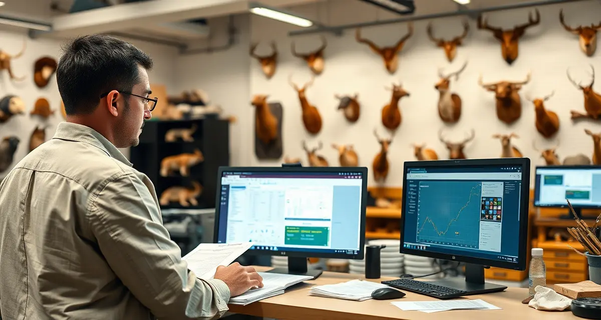 Digital transformation for taxidermy businesses Taxidermy shop owner transitioning from paper records to digital management software on computer