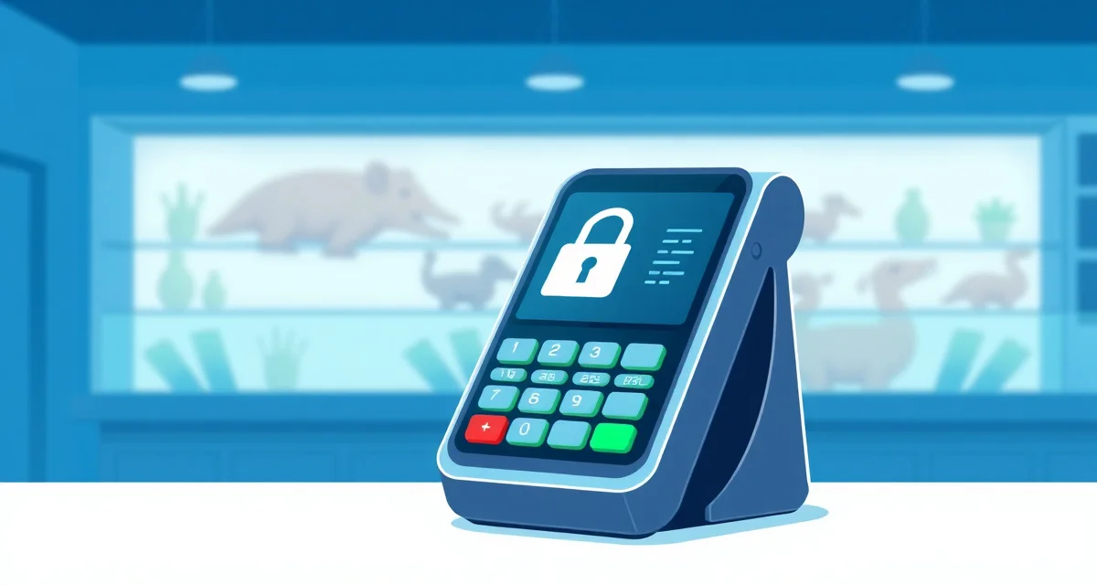 Payment security and PCI compliance illustration Secure payment terminal with encryption padlock and shield icon representing PCI compliance security for taxidermy shops