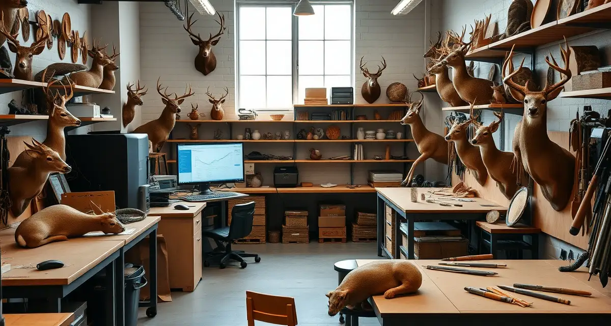 Professional taxidermy shop operations during busy hunting season Organized taxidermy shop workspace showing efficient intake and capacity management systems during peak hunting season