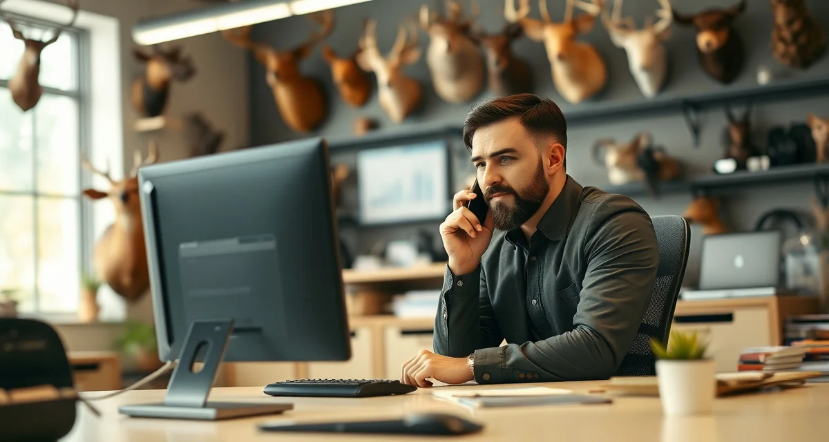 Professional phone handling for taxidermy business Taxidermy shop owner answering customer phone call with organized customer portal system visible on computer screen