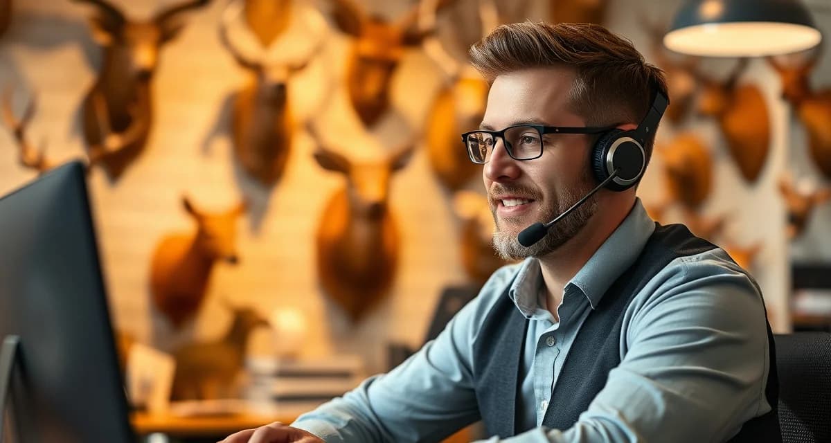 Modern phone system management for taxidermy businesses Taxidermy shop owner using professional phone system with voicemail routing at organized business desk