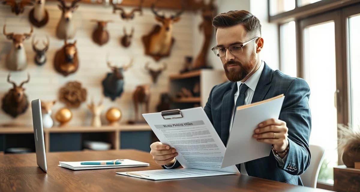 Professional policy documentation for taxidermy business management Taxidermy shop owner reviewing written business policies document at desk with organized filing system