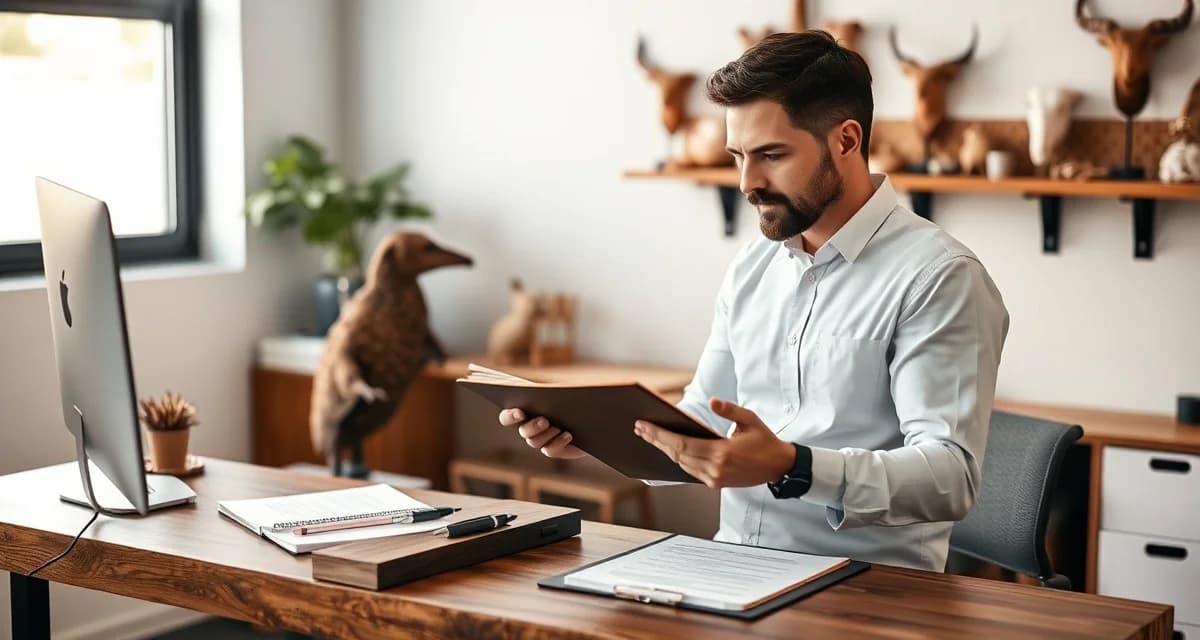 Formal taxidermy shop policies reduce customer disputes Professional taxidermist reviewing written shop policies and client intake forms at a desk with warm lighting