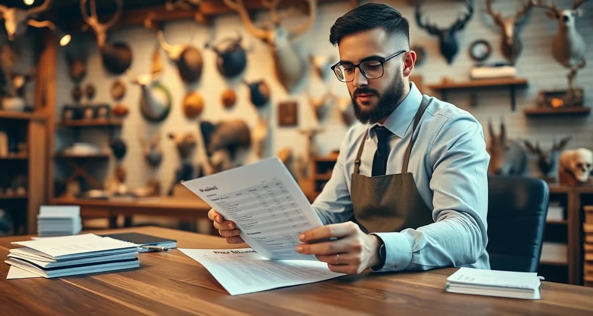 Professional pricing strategy for taxidermy businesses Taxidermy shop owner reviewing a customizable price sheet template for setting competitive pricing on taxidermy services