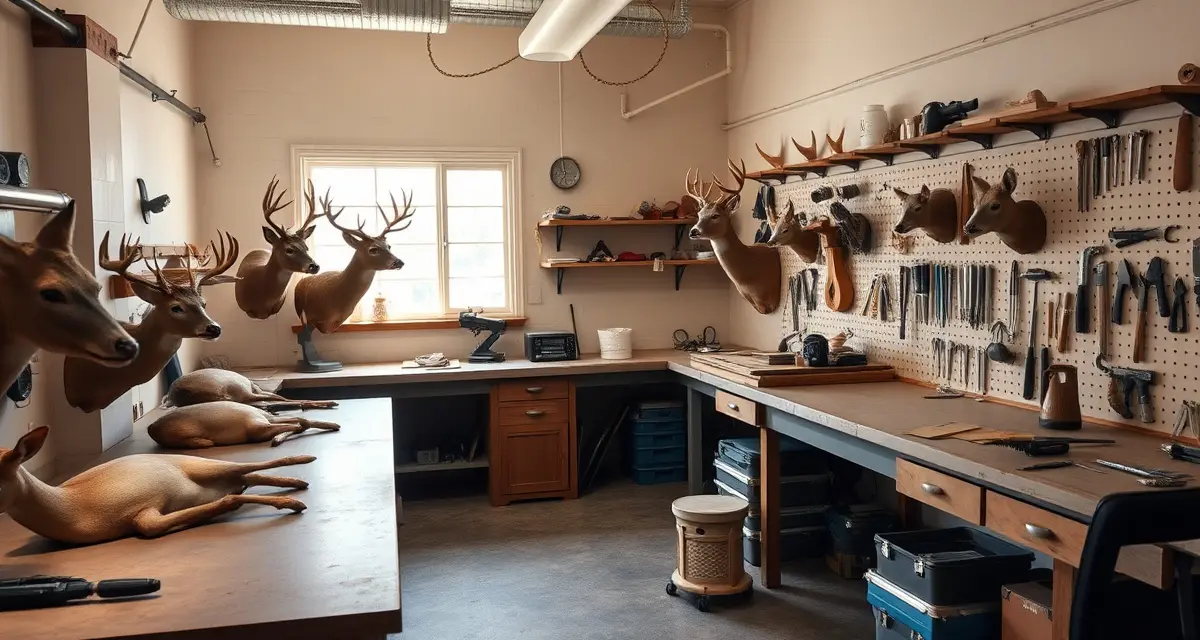 Taxidermy shop quiet season preparation and planning Organized taxidermy workshop during quiet season showing workbenches and tools for productive business planning and skill development