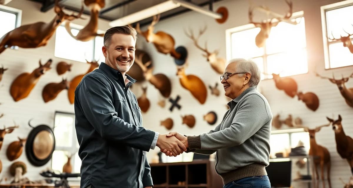 Building customer referrals in taxidermy business Taxidermy shop owner discussing referral program with satisfied customer in professional studio setting