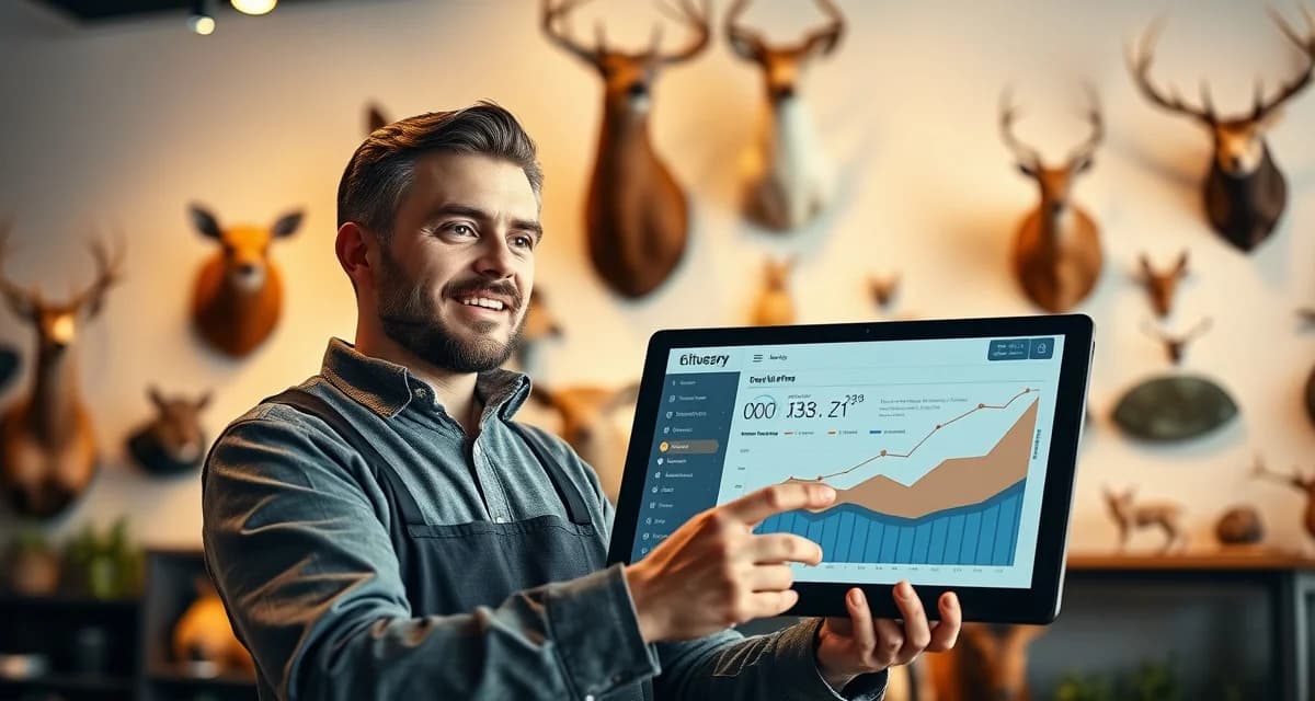 Customer referral tracking for taxidermy businesses Taxidermy shop owner analyzing referral customer conversion metrics on digital portal dashboard
