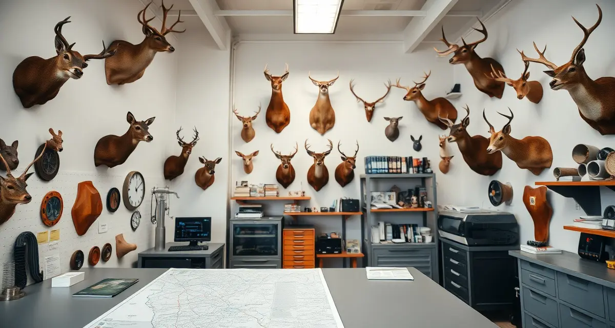 Regional taxidermy compliance requirements visualization Taxidermy shop management workspace displaying regional wildlife regulations and compliance documentation for different US regions
