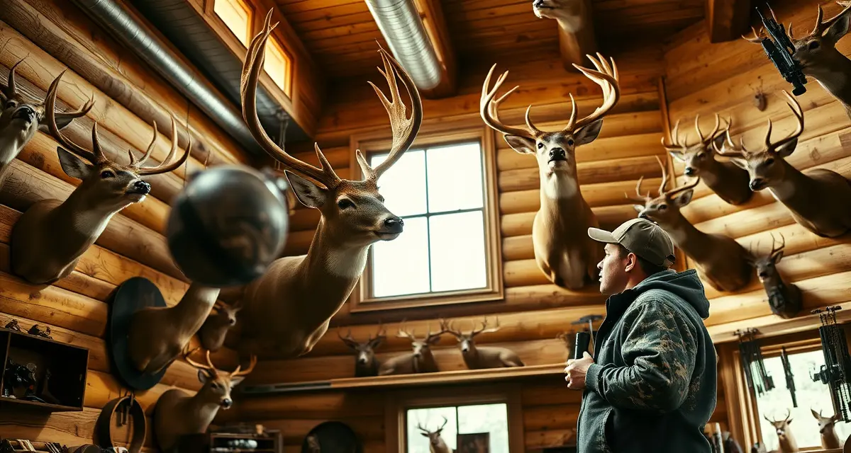 High-value taxidermy mounts in top revenue state shops Mounted whitetail deer trophy display in professional taxidermy shop showing premium quality craftsmanship and finishing details