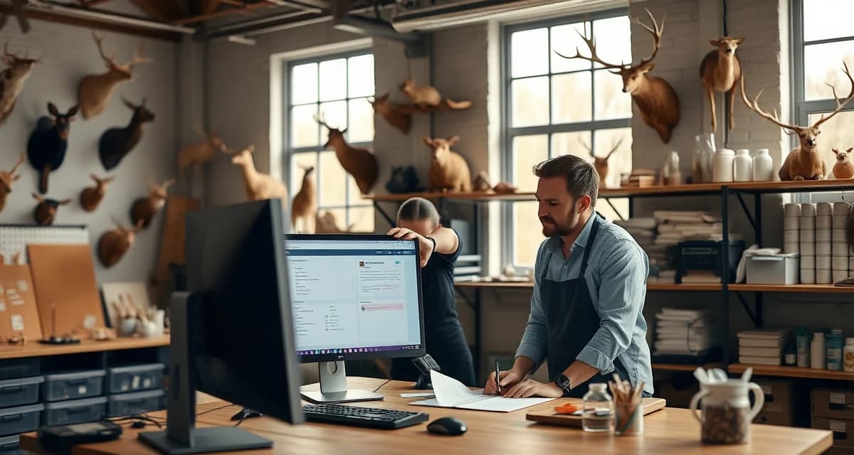 Growing a taxidermy business with proper systems before hiring Taxidermist shop owner scaling business from solo operation to team with management software implementation