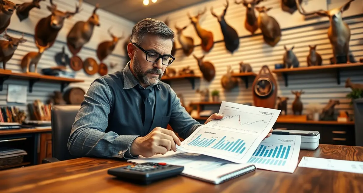 Financial planning for taxidermy business owners Taxidermy shop owner analyzing seasonal cash flow charts and financial planning documents at desk