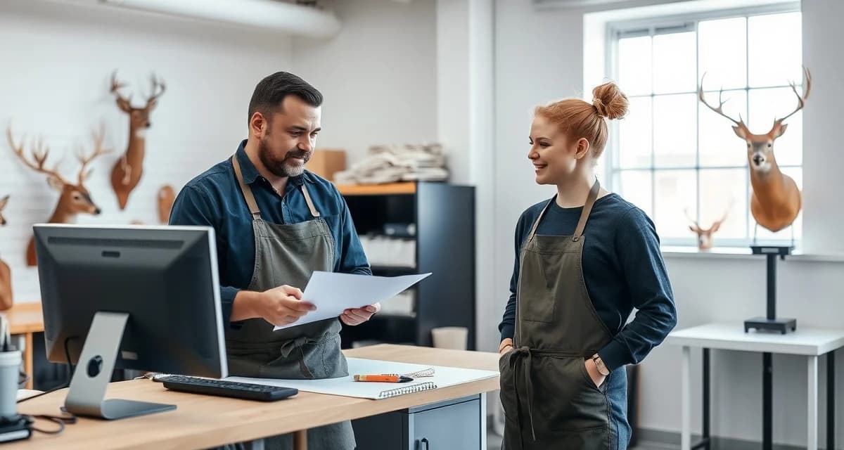 Seasonal employee training in taxidermy shop Taxidermy shop manager training seasonal employee on AI-assisted intake process during peak deer season hiring