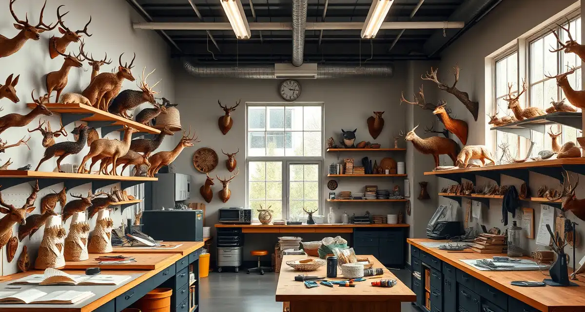 Taxidermy shop seasonal operations planning Organized taxidermy shop workspace displaying seasonal workflow planning for year-round operations and production management