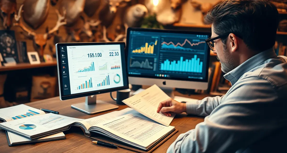 Seasonal business review and performance analysis Taxidermy shop owner conducting end-of-season review analyzing business performance metrics and financial data