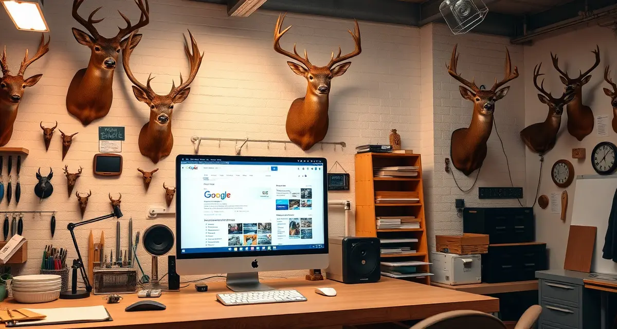 Local SEO tactics for taxidermy businesses Taxidermy shop owner optimizing SEO strategy on computer to rank higher in Google search results during peak hunting season