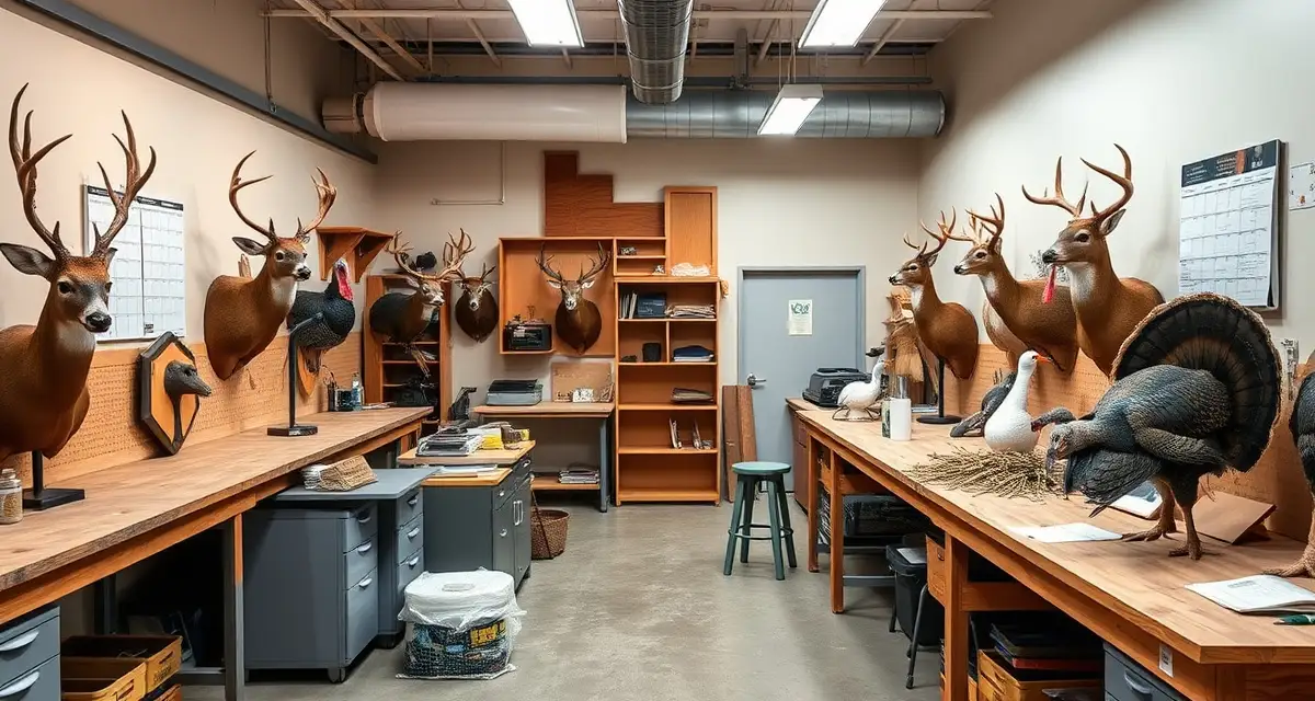 Off-Season Marketing Strategy for Taxidermy Shops Organized taxidermy shop workspace showing mounted game animals and marketing planning calendar during off-season production period.