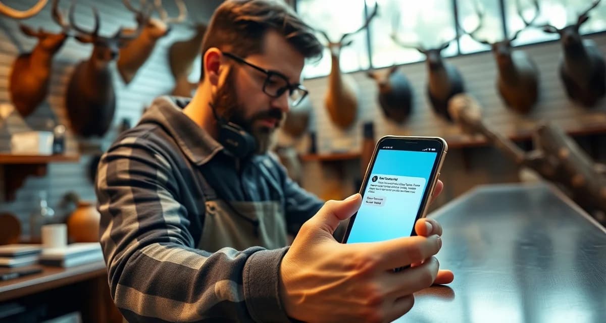 Mobile SMS notification for taxidermy shop customer updates Taxidermist receiving SMS text message notification on phone for customer communication and shop management