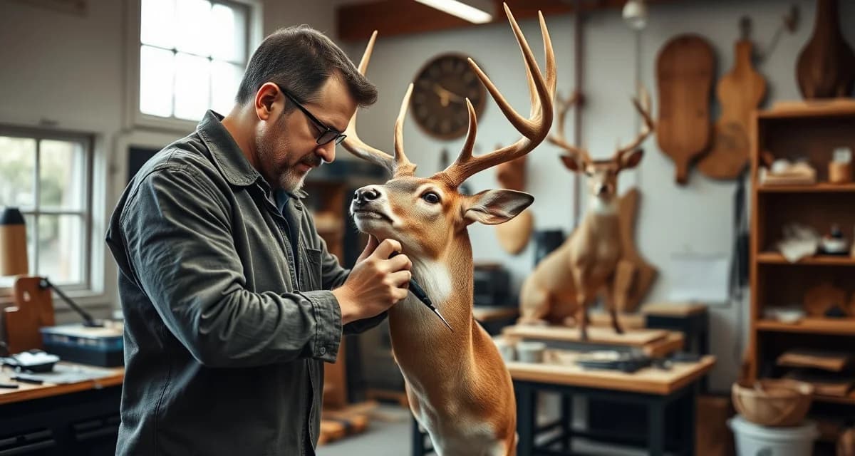 Taxidermy craftsmanship and shop management Professional taxidermist working on deer mount in modern shop with organized workspace and professional lighting setup