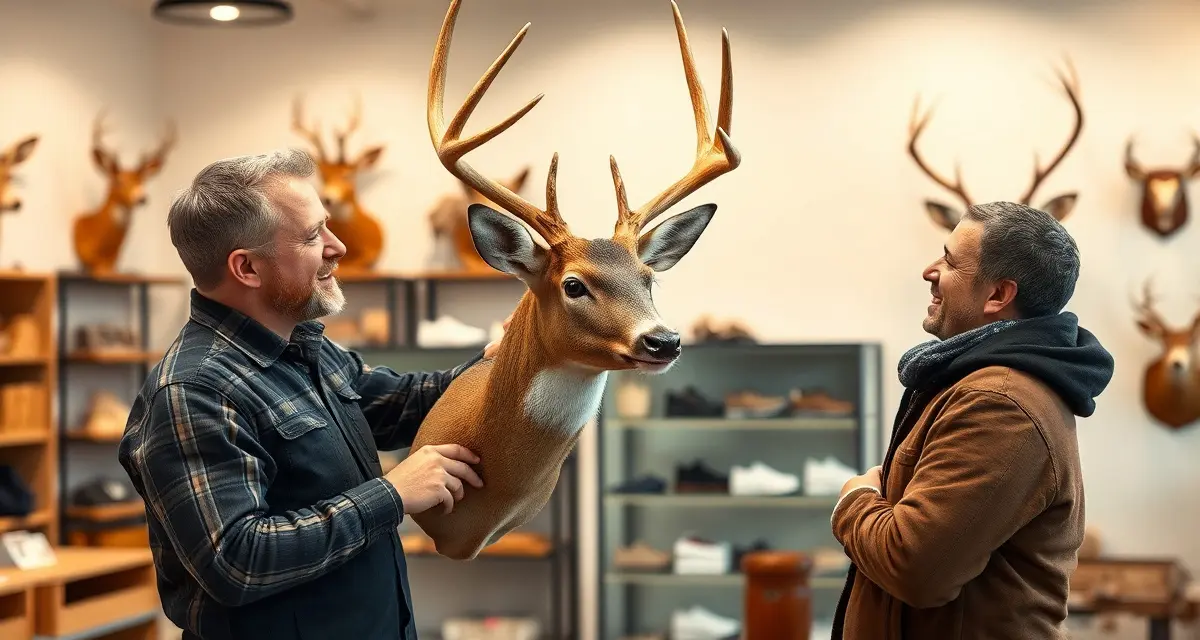 Taxidermy shop social proof and customer satisfaction Professional taxidermist presenting quality mounted deer trophy to satisfied customer in modern shop, demonstrating social proof through quality craftsmanship.