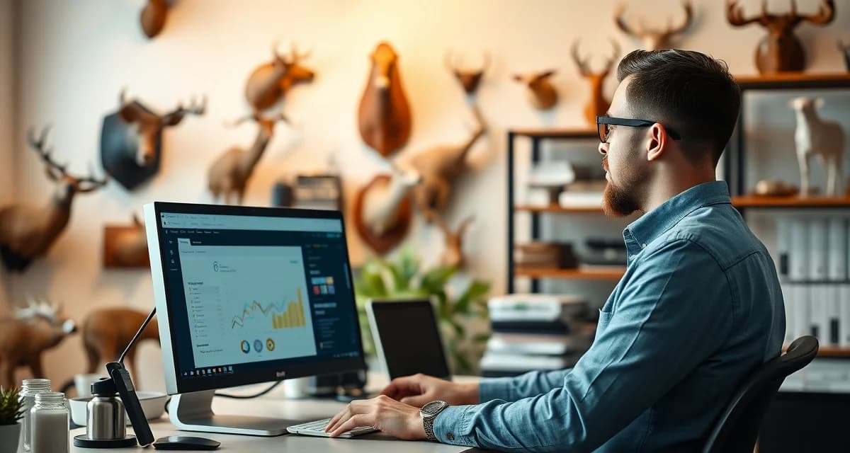 Going Digital: Modern Taxidermy Shop Software Taxidermy shop owner using digital management software to streamline operations and business processes