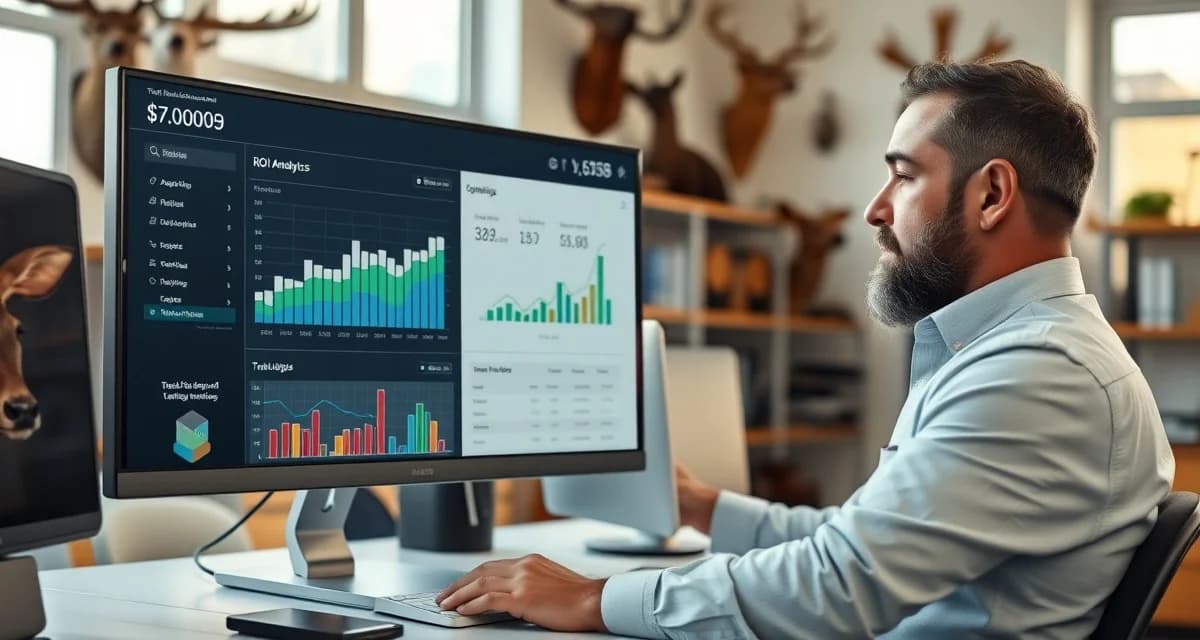 ROI Dashboard for Taxidermy Business Software Taxidermy shop management software ROI calculator displaying time and cost savings metrics for deer season operations.