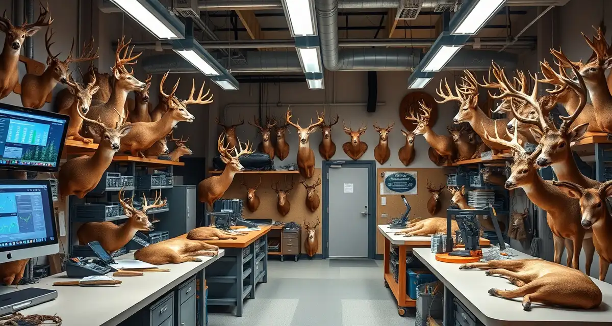 Efficient taxidermy shop seasonal preparation and specimen management Organized taxidermy shop processing workflow during deer season with MountChief software system managing specimens efficiently