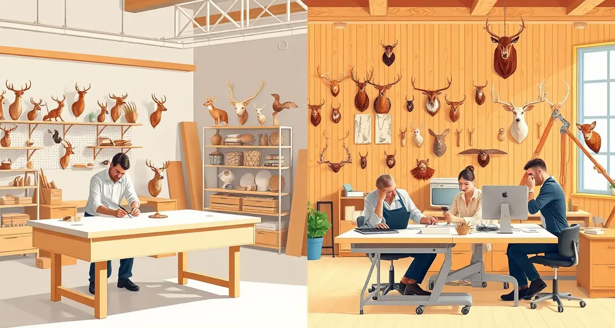 Solo vs Team Taxidermy Shop Management Comparison of solo taxidermist workspace versus team taxidermy shop operation with multiple workstations and staff collaboration.
