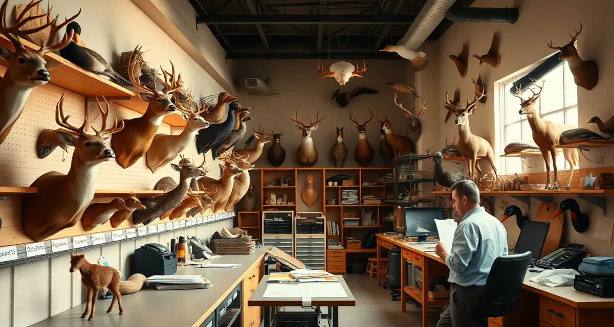 Professional multi-species taxidermy shop setup Organized taxidermy shop workspace displaying multiple mounted animal species with proper documentation and compliance systems in place.