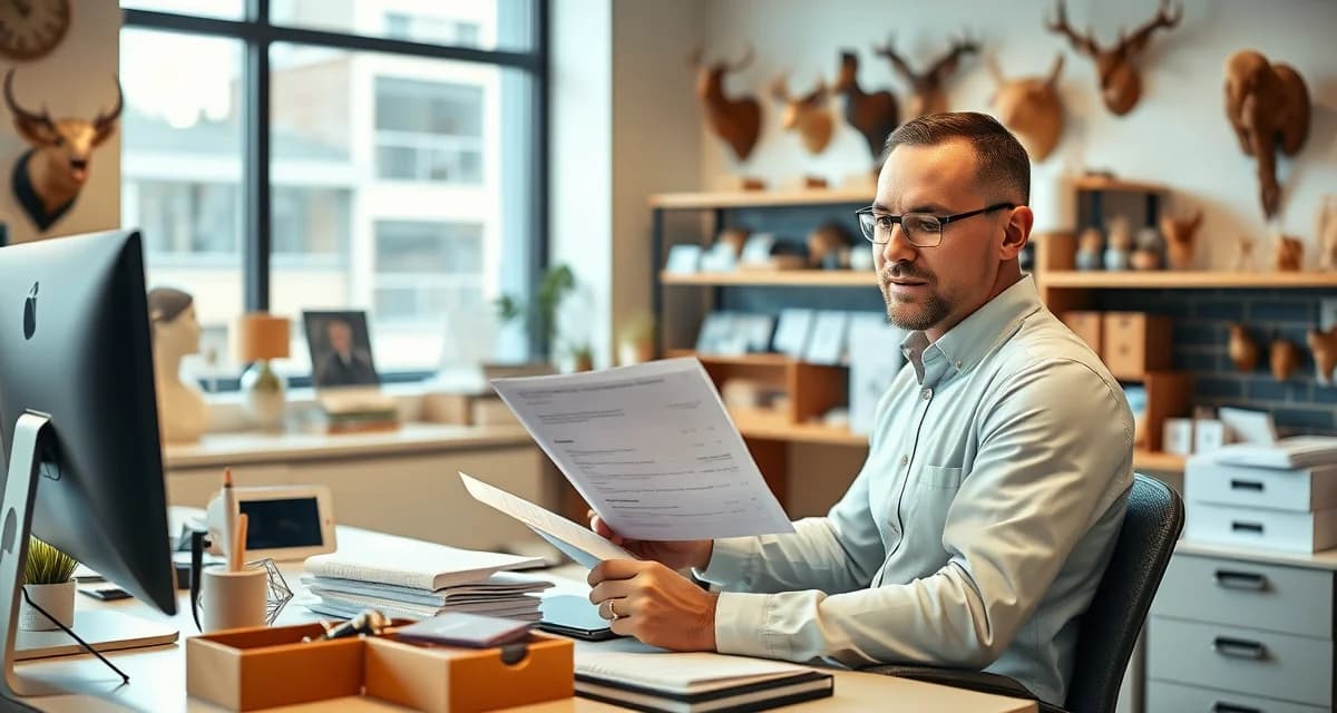 Strategic staffing planning for taxidermy businesses Taxidermy shop manager planning staffing strategy with organized documents and software dashboard visible on desk