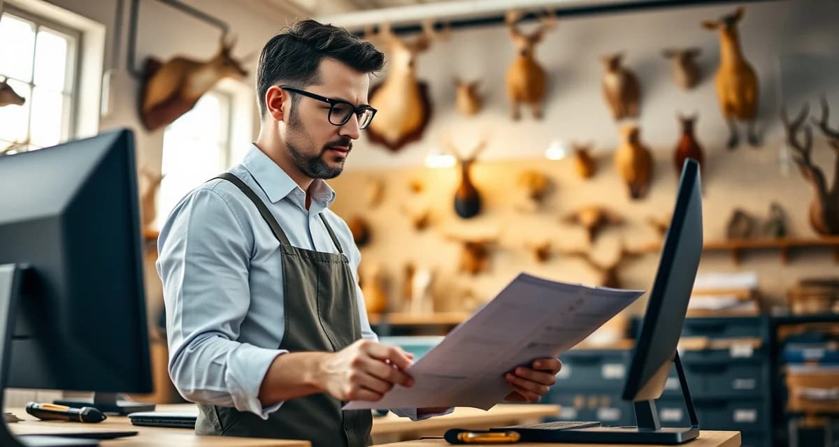 Business succession planning for taxidermy shops Taxidermy shop owner reviewing digital business records and succession planning documents on computer