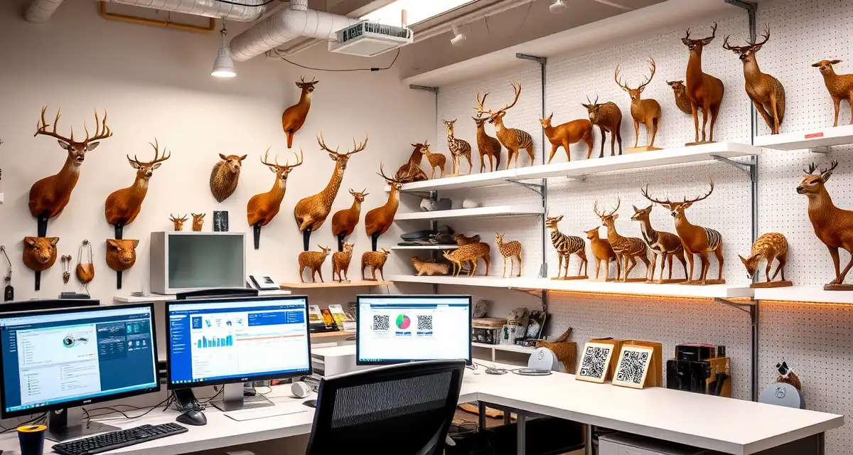 Tech-enabled taxidermy shop workspace Modern taxidermy shop with digital technology integration including computer workstations, software dashboards, and organized inventory management systems