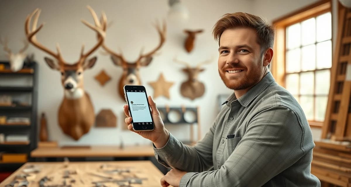 SMS communication for taxidermy business management Taxidermy shop owner reviewing customer text message updates on smartphone at workbench