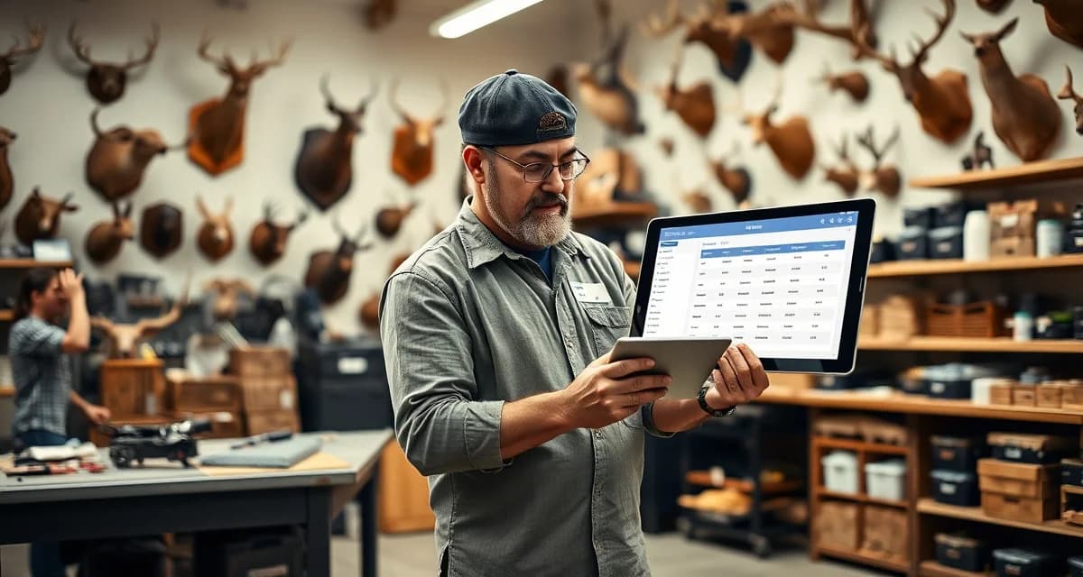 Professional waitlist management for taxidermy businesses Taxidermy shop owner managing customer waitlist on digital dashboard in professional workshop setting