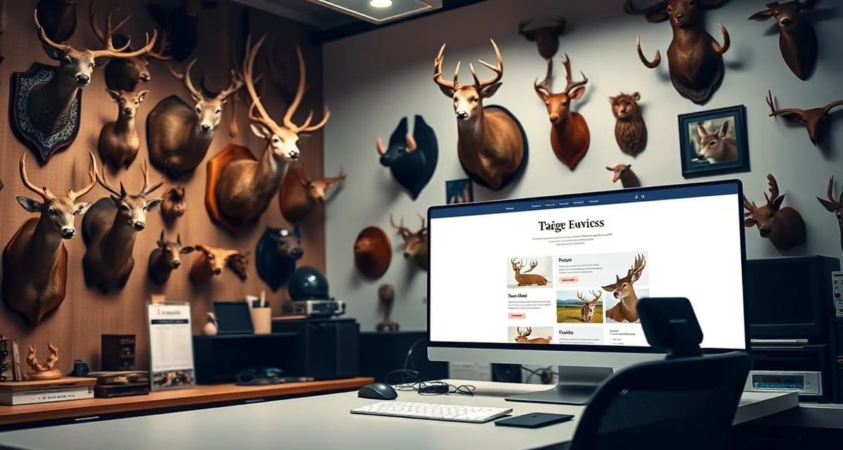 Taxidermy shop website essentials and design setup Modern taxidermy shop workspace displaying mounted animals with computer setup showing website design for taxidermy business management.