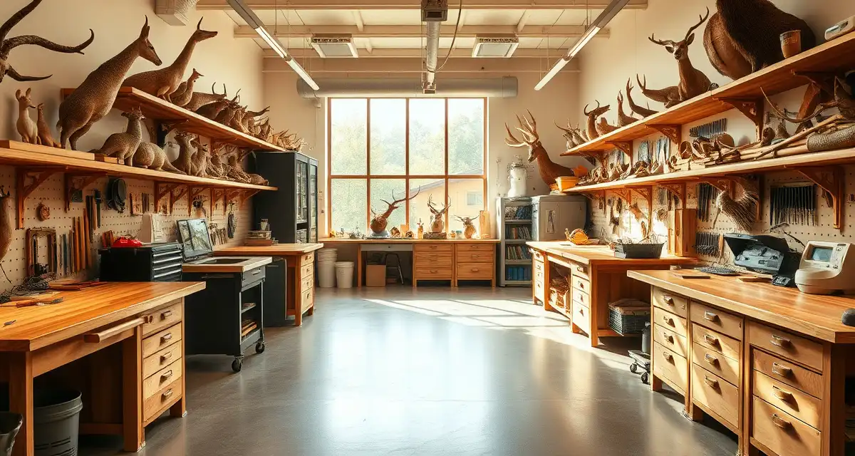 Professional taxidermy workshop organization Efficiently organized taxidermy shop workspace with dedicated zones, tool storage, and workstations designed for maximum productivity.