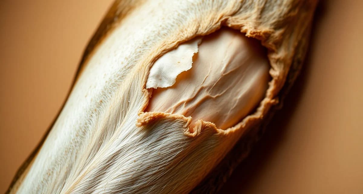 Taxidermy skin slip separation example Close-up view of skin slip in taxidermy showing epidermis separating from dermis layer due to bacterial breakdown