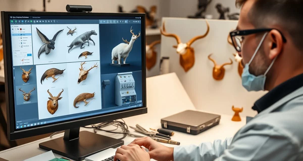 Live taxidermy shop management software demonstration Taxidermist using MountChief software demo to manage shop operations and view mounted animal projects on computer