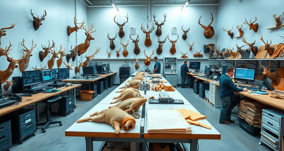 Professional taxidermy business management platform High-volume taxidermy shop management software dashboard showing mount tracking and customer portal for 300-500 annual mounts.