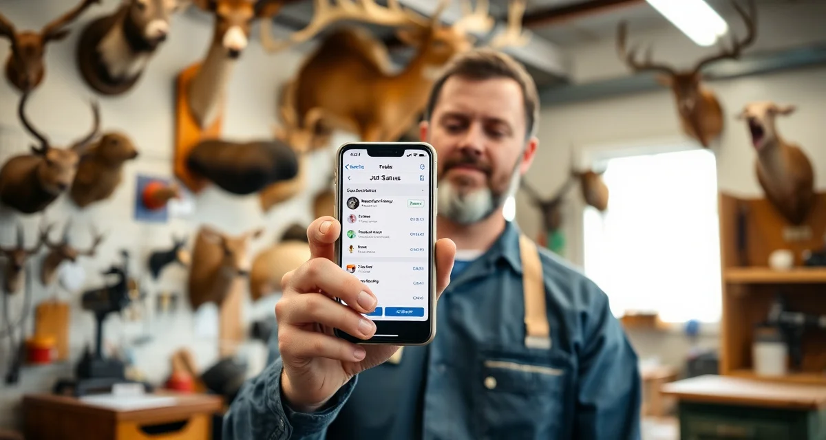 MountChief mobile app for taxidermy shop management Taxidermist using mobile app on smartphone to manage shop orders and job status from workshop floor