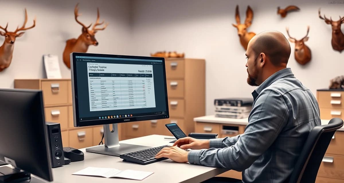QuickBooks integration workflow for taxidermy businesses Taxidermy shop owner integrating QuickBooks with taxidermy management software on computer displaying data sync process