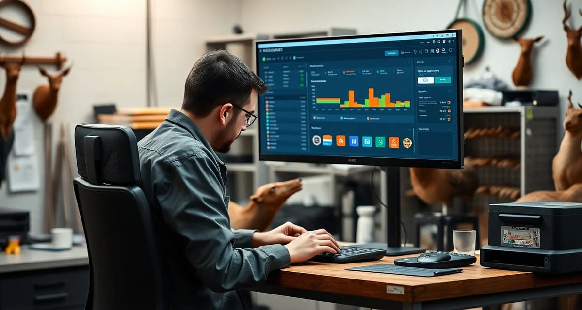 Taxidermy business management software efficiency gains Taxidermist using management software dashboard to track orders and reduce manual phone calls, demonstrating ROI benefits
