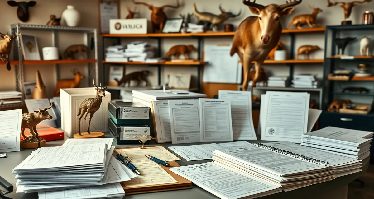 Specimen documentation best practices for taxidermy shops Organized taxidermy shop specimen documentation files and intake forms displayed on desk with proper chain-of-custody organization