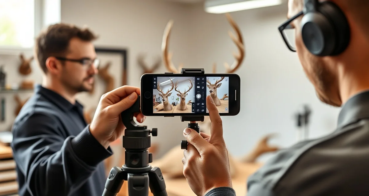 Specimen photography best practices for taxidermy intake Taxidermist photographing deer specimen during intake process with smartphone and professional lighting setup